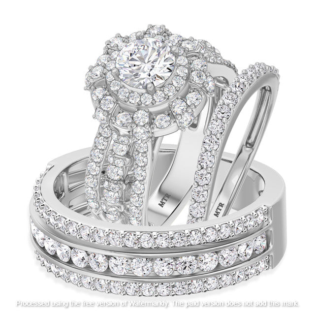 3.60Ct Round Cut Diamond Double Halo Leaf Anniversary Trio Ring Set