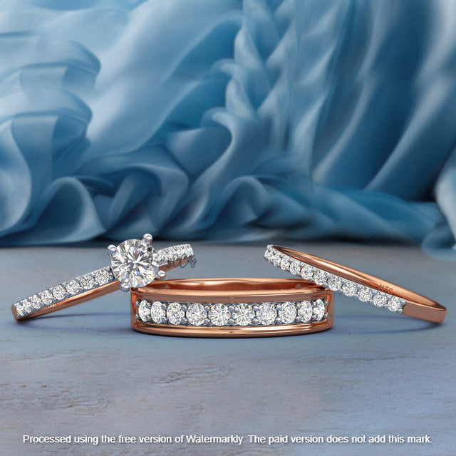 2.20Ct Round Cut Diamond Solitaire/Accent Wedding Trio Set