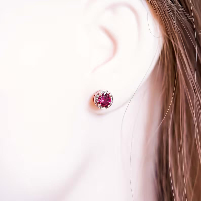 2Ct Round Cut Pink Ruby & Diamond Halo Stud Earrings For Her