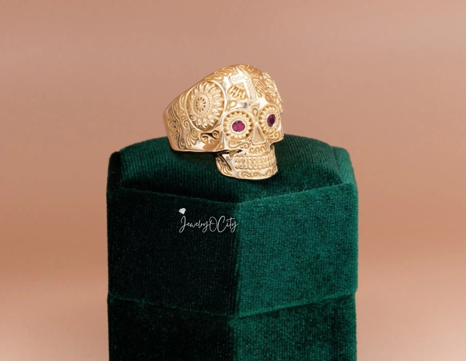 2Ct Round Cut Red Ruby Eyes Skull Shape Men's Solid Band