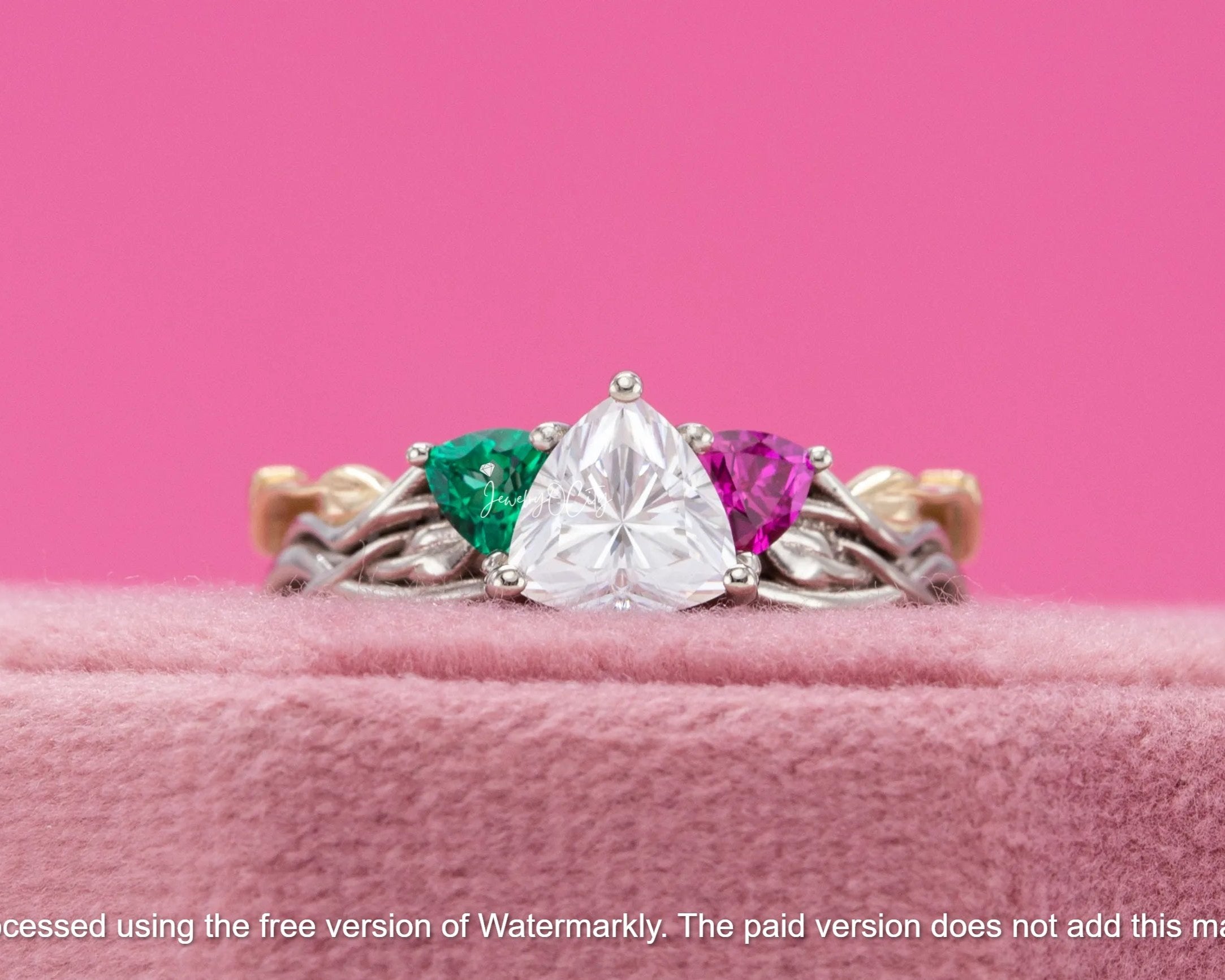 3.30Ct Trillion Cut Diamon, Emerald & Ruby Twisted Engagement Ring