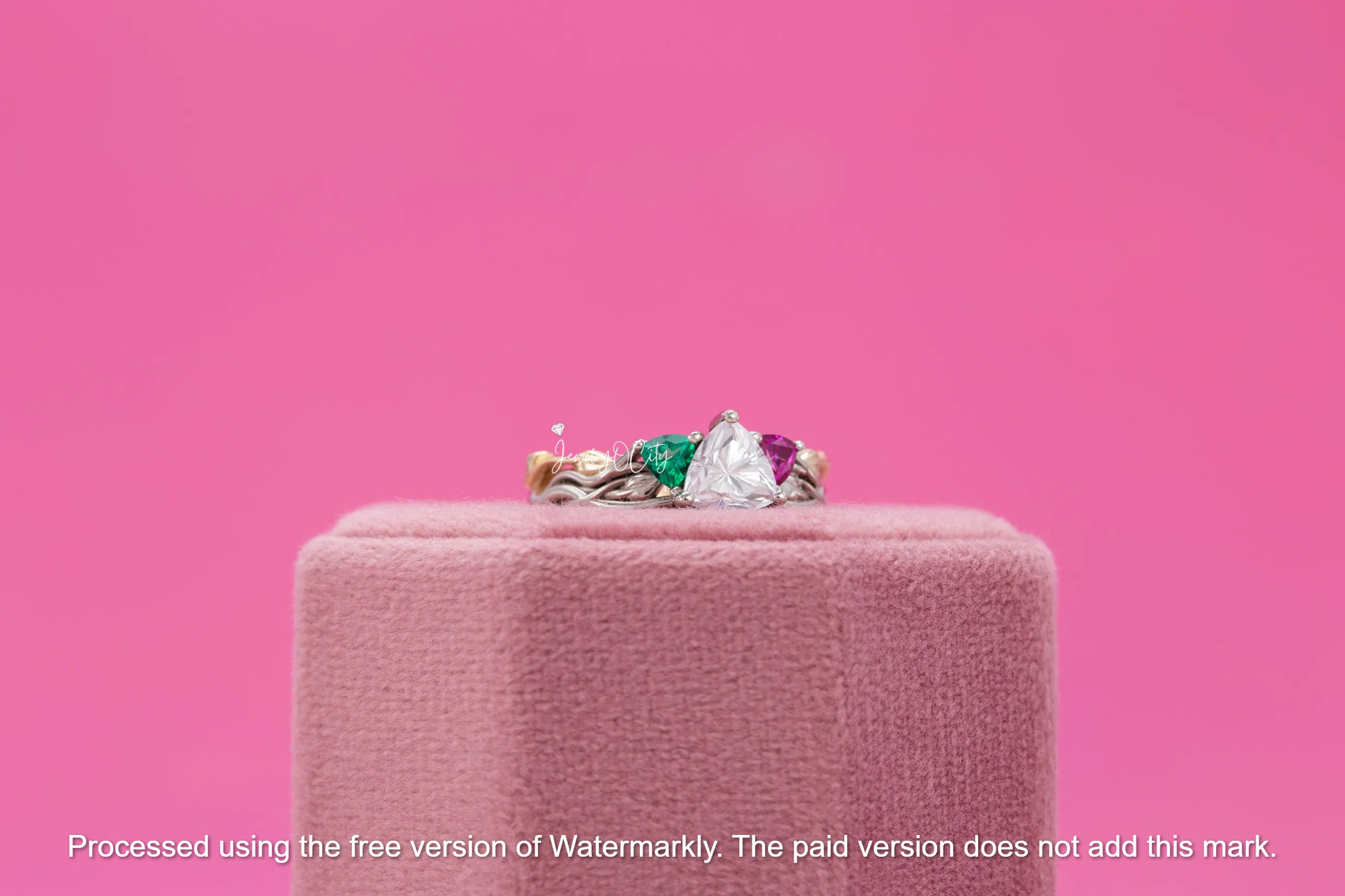 3.30Ct Trillion Cut Diamon, Emerald & Ruby Twisted Engagement Ring