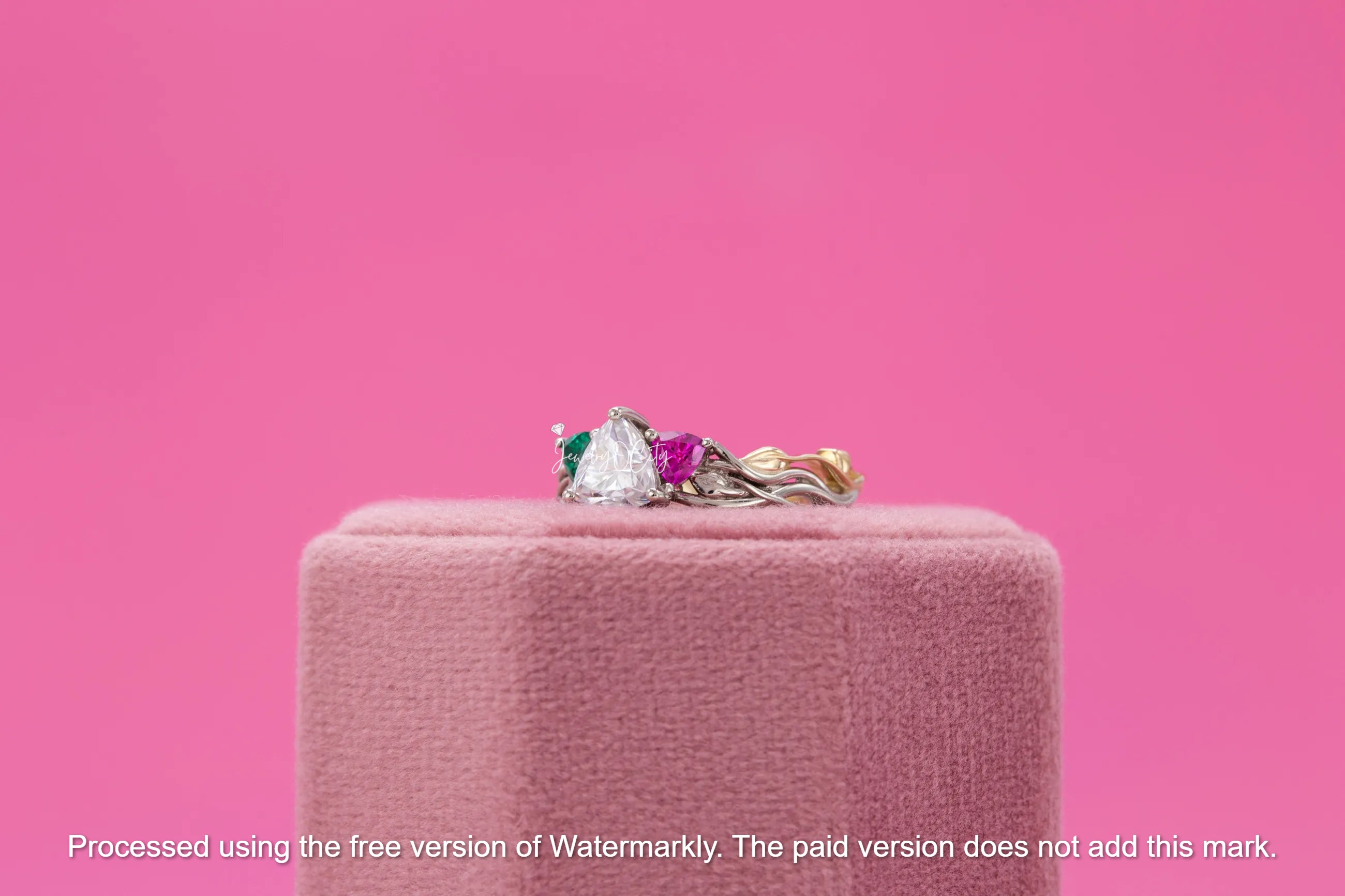 3.30Ct Trillion Cut Diamon, Emerald & Ruby Twisted Engagement Ring