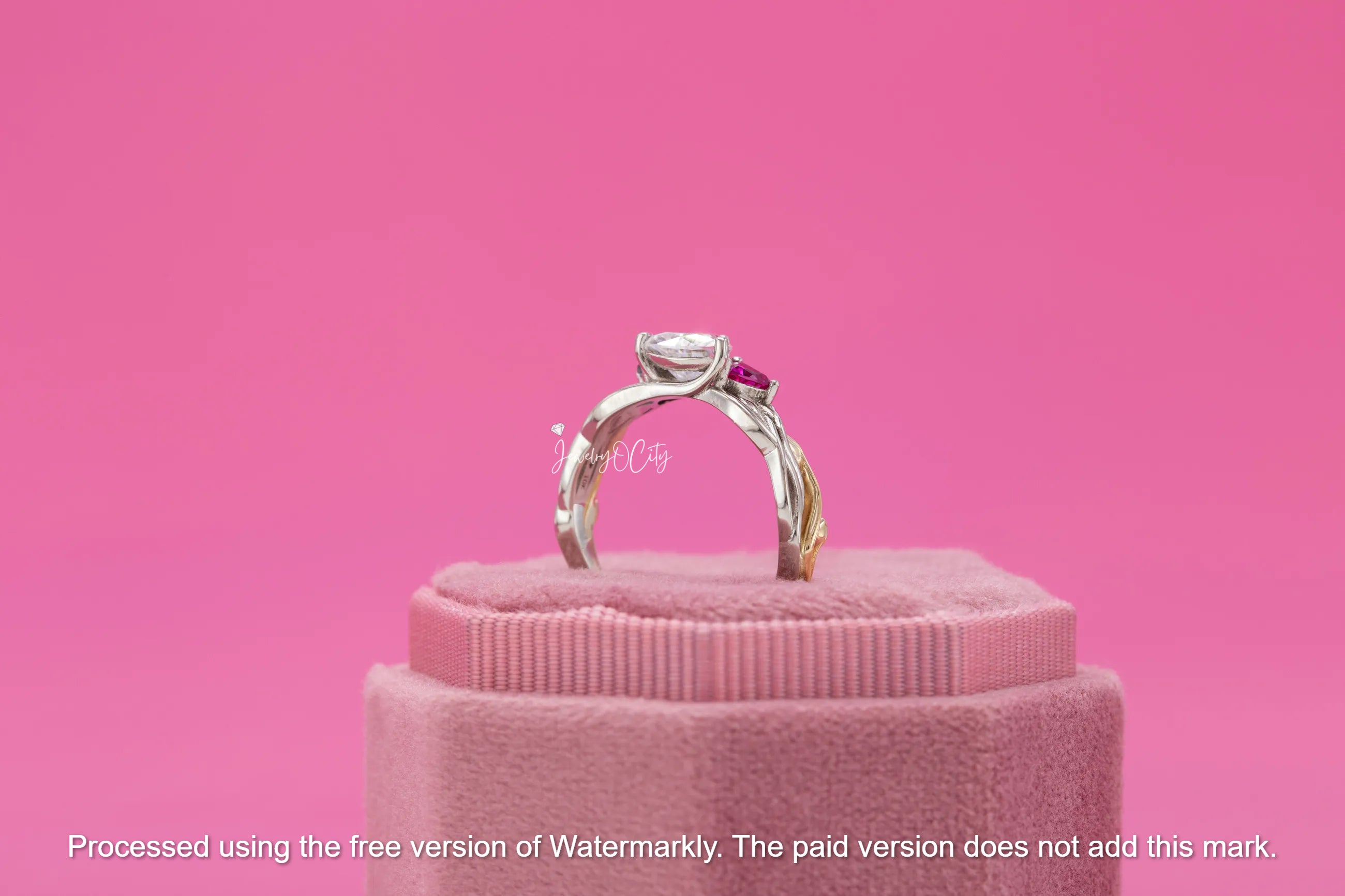 3.30Ct Trillion Cut Diamon, Emerald & Ruby Twisted Engagement Ring