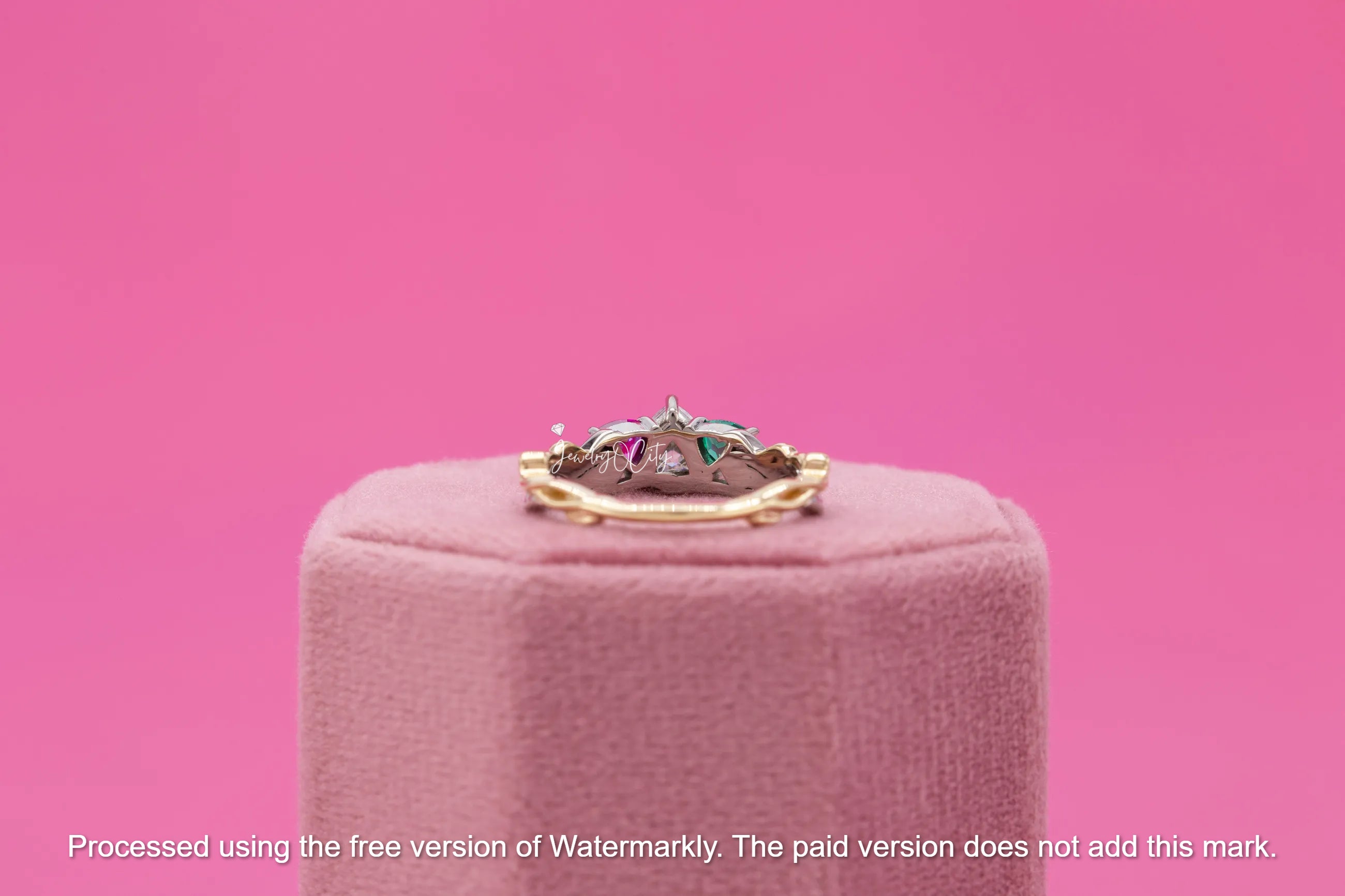 3.30Ct Trillion Cut Diamon, Emerald & Ruby Twisted Engagement Ring