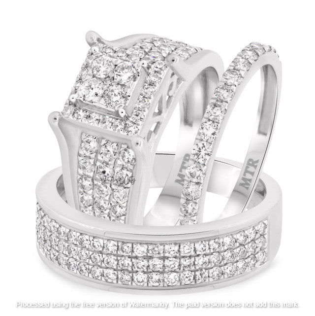 4.20Ct Round Cut Diamond Cluster Mounted Engagement Trio Ring Set