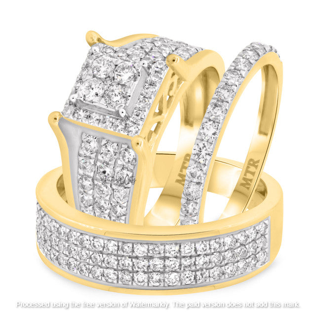 4.20Ct Round Cut Diamond Cluster Mounted Engagement Trio Ring Set