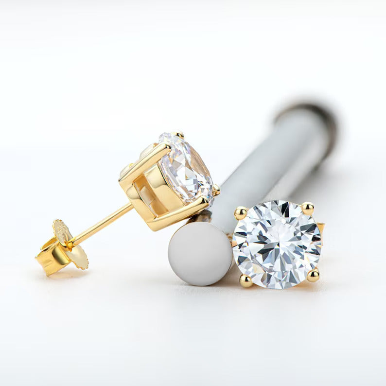 Natural 2Ct Round Cut Moissanite Solitaire Stud Earrings 14K GOLD