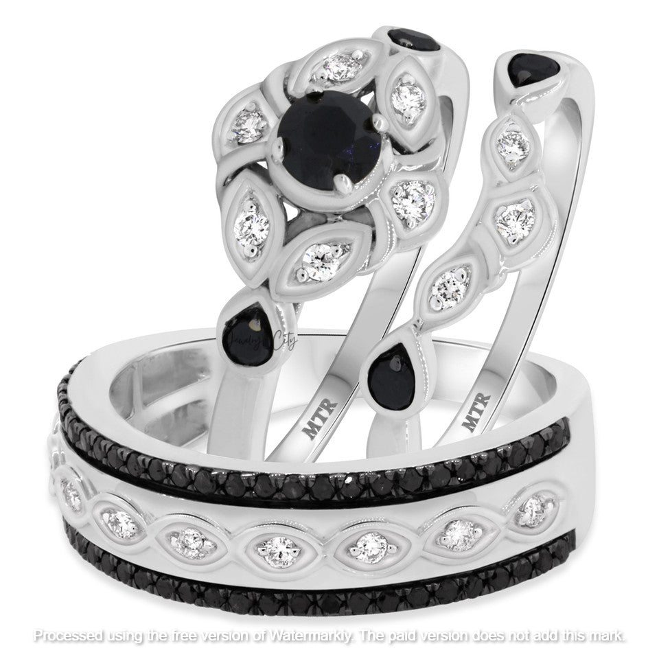 2.10Ct Black Diamond Leaf Wedding Trio Ring Set