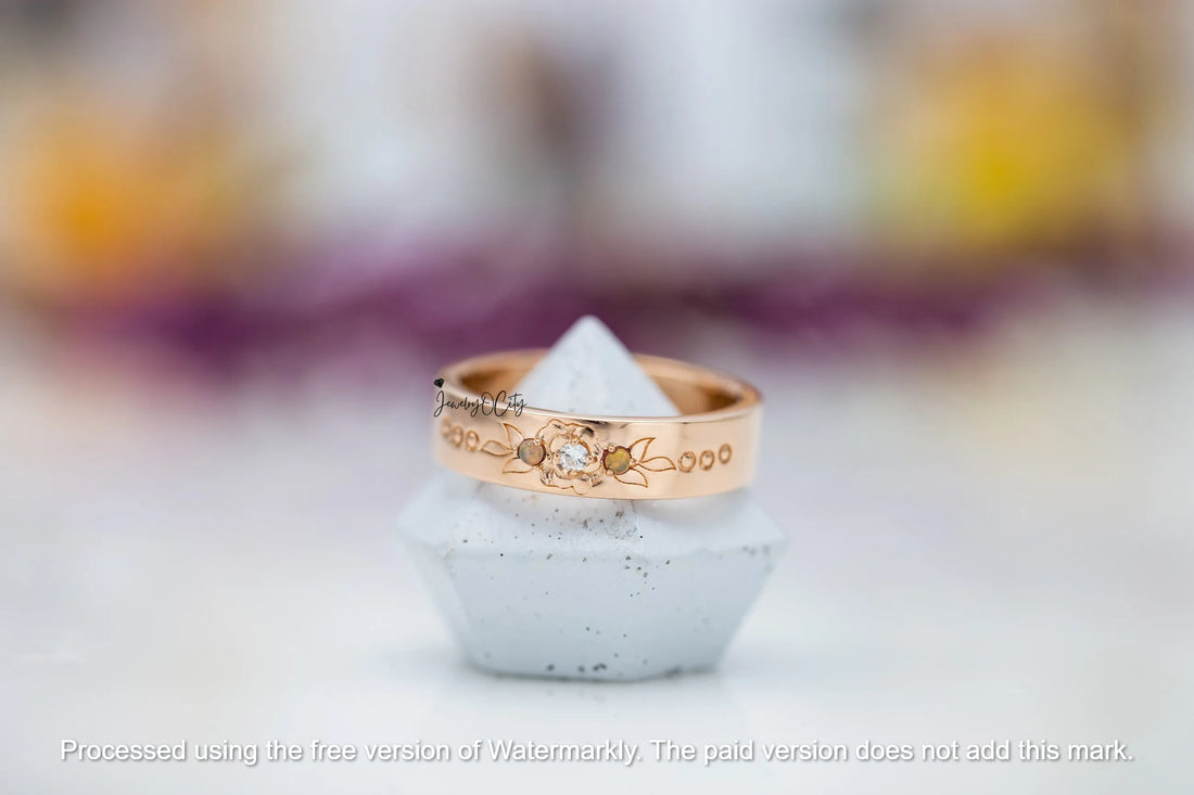 2.09CT Fire Opal & Diamond Flower Leaf Men's Wedding Band