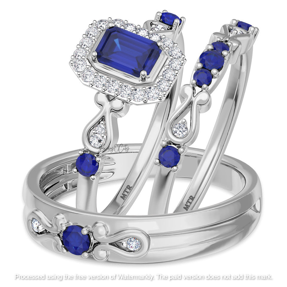 1.90Ct Blue Sapphire Diamond Halo Wedding Trio Ring Set