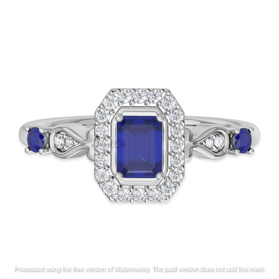 1.90Ct Blue Sapphire Diamond Halo Wedding Trio Ring Set