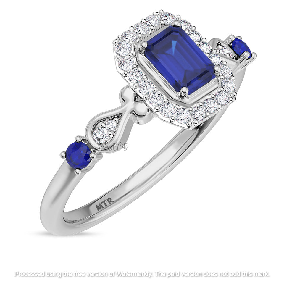 1.90Ct Blue Sapphire Diamond Halo Wedding Trio Ring Set