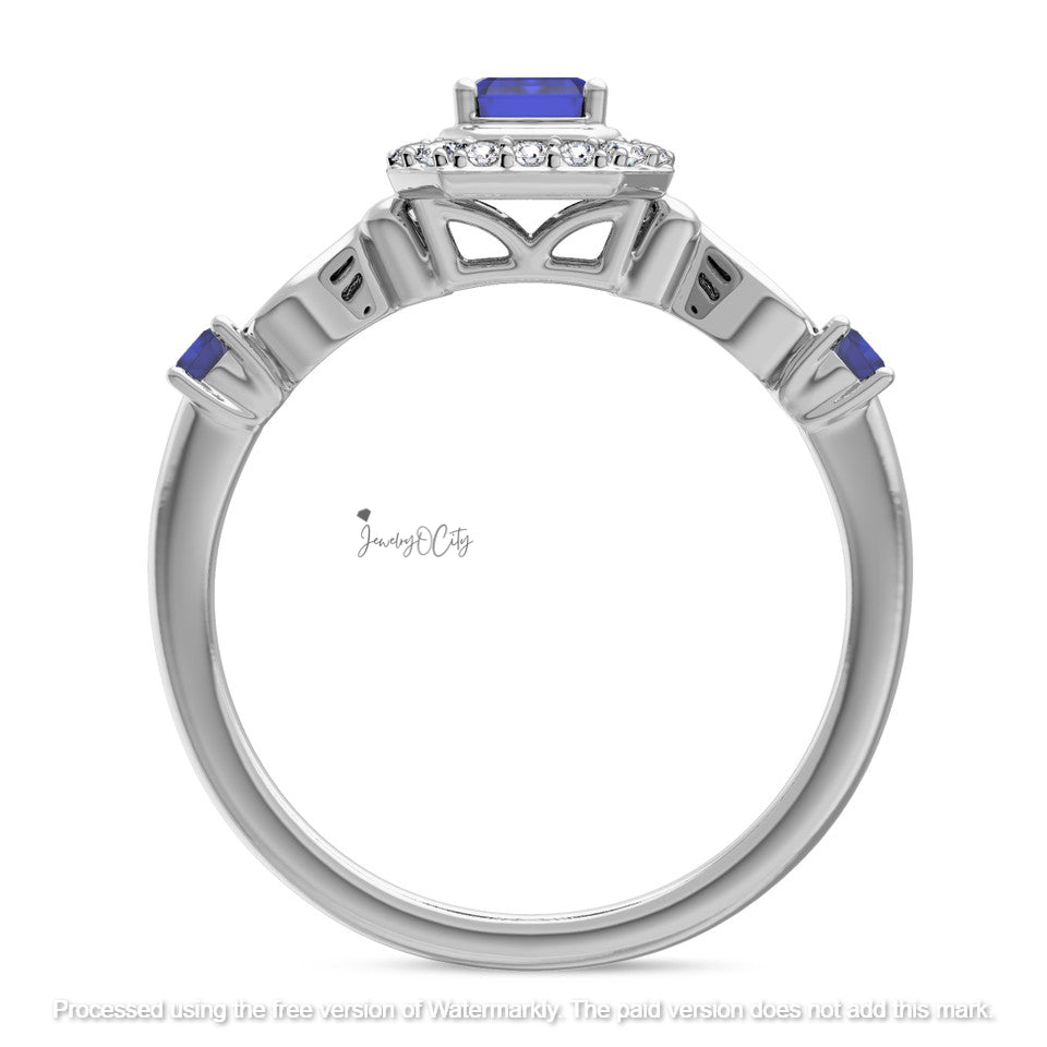 1.90Ct Blue Sapphire Diamond Halo Wedding Trio Ring Set