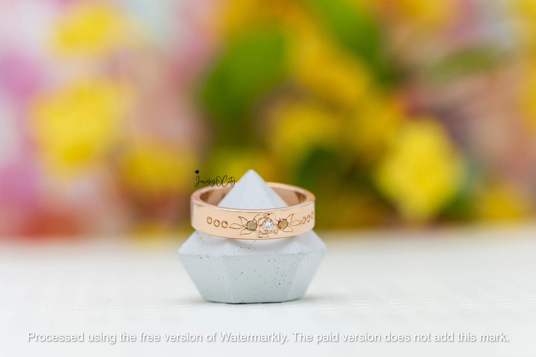 2.09CT Fire Opal & Diamond Flower Leaf Men's Wedding Band