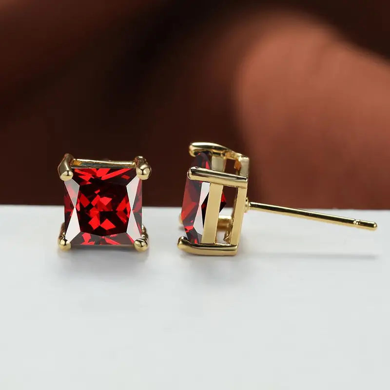 3Ct Princess Cut Cut Red Garnet Diamond Stud Earrings
