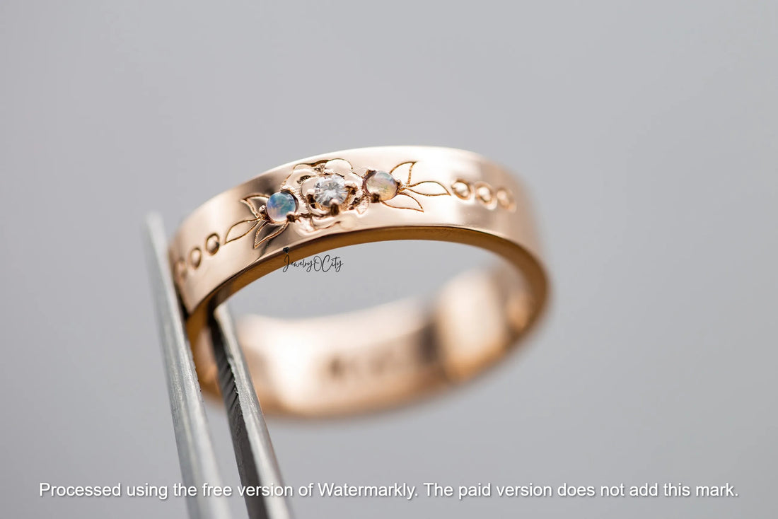 2.09CT Fire Opal & Diamond Flower Leaf Men's Wedding Band