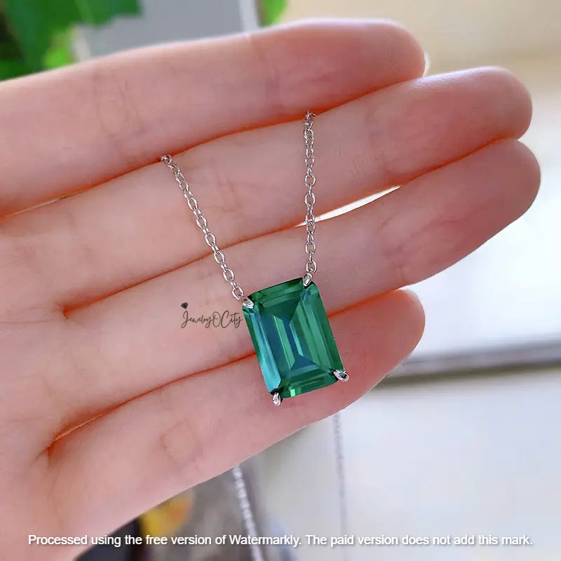 2.10Ct Emerald Cut Blue Sapphire/ Green Emerald Solitaire Pendant For Her