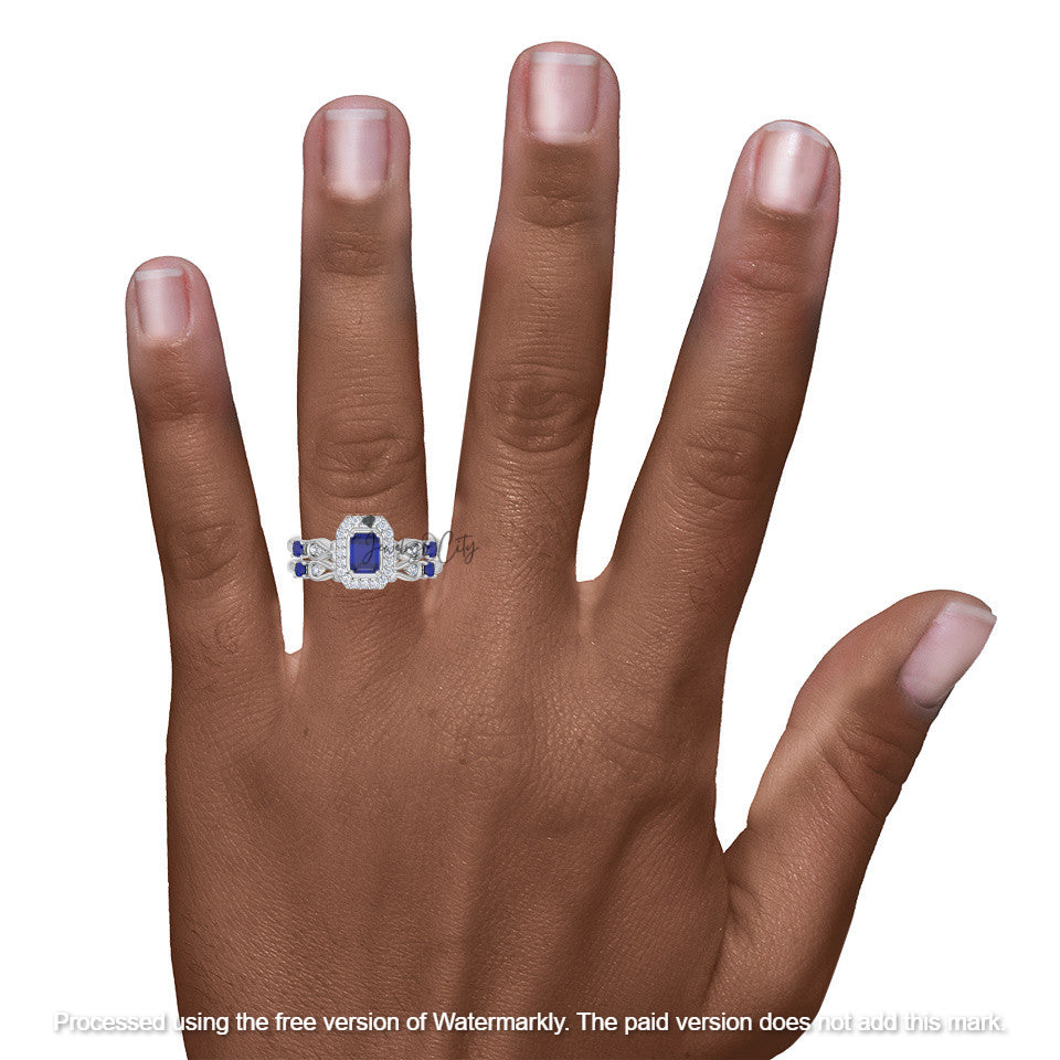 1.90Ct Blue Sapphire Diamond Halo Wedding Trio Ring Set