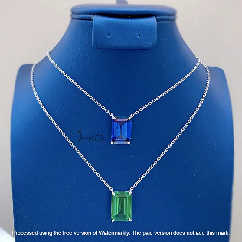 2.10Ct Emerald Cut Blue Sapphire/ Green Emerald Solitaire Pendant For Her
