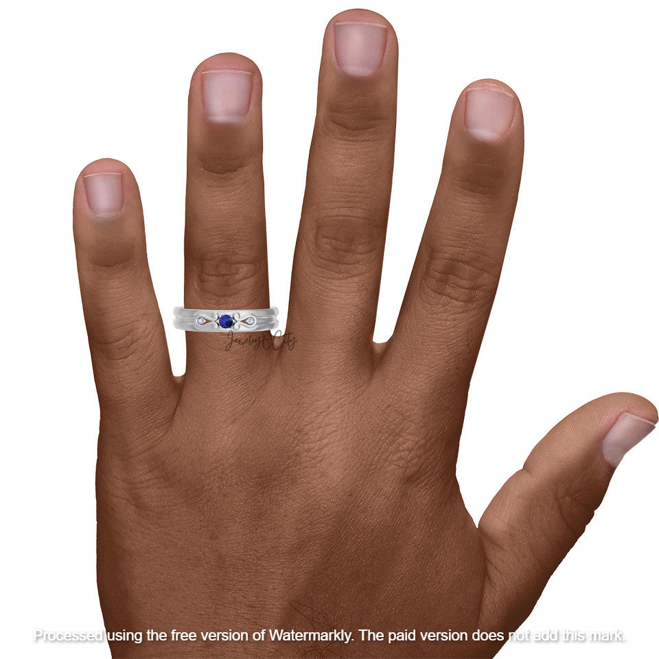 1.90Ct Blue Sapphire Diamond Halo Wedding Trio Ring Set