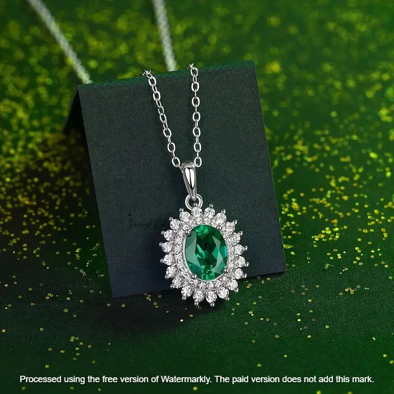 2.40Ct Oval Cut Green Emerald Flower Halo Pendant For Her