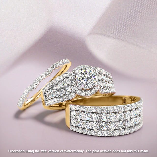 4.50Ct Round Cut Diamond Halo With Half Eternity Engagement Trio Set