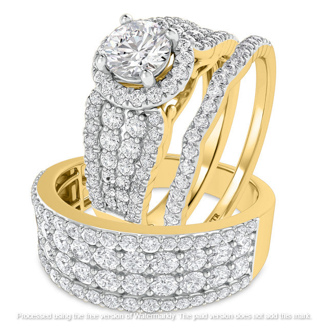 4.50Ct Round Cut Diamond Halo With Half Eternity Engagement Trio Set