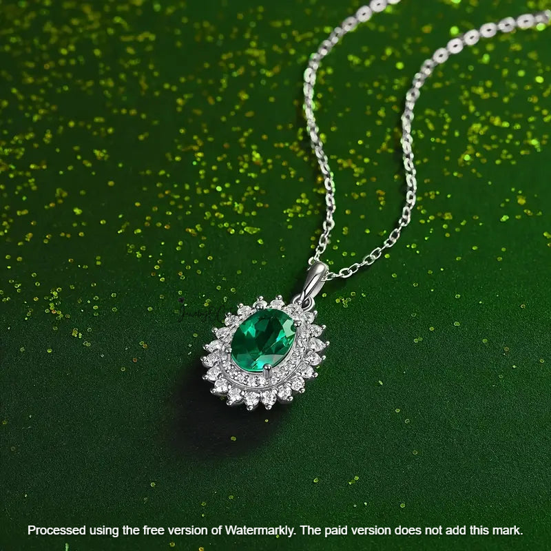 2.40Ct Oval Cut Green Emerald Flower Halo Pendant For Her