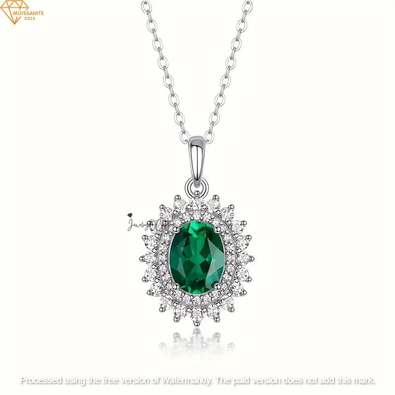 2.40Ct Oval Cut Green Emerald Flower Halo Pendant For Her