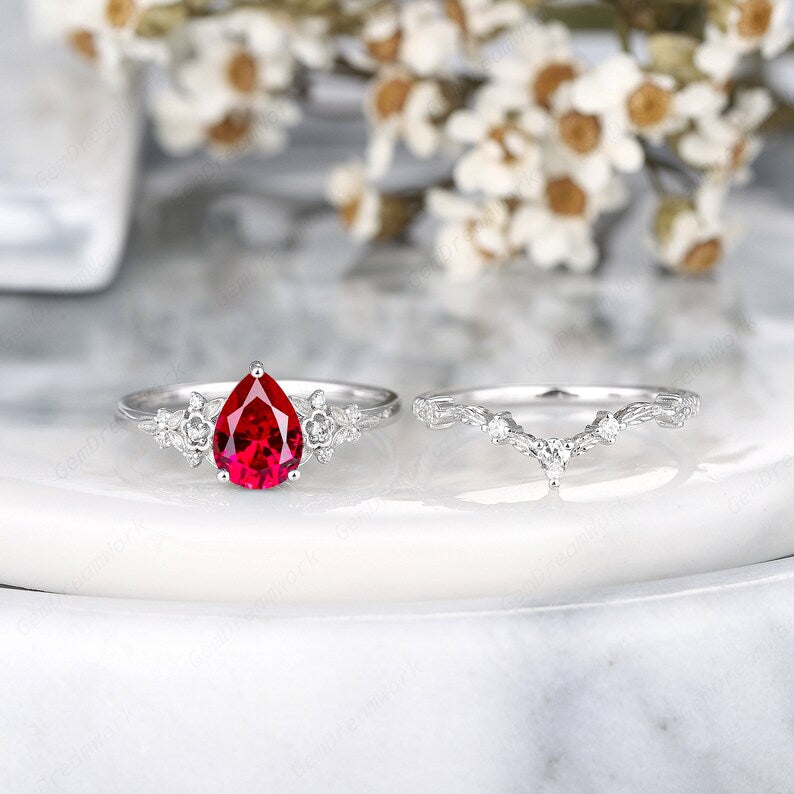 3Ct Pear Cut Pink Ruby & White Diamond Flower Bridal Ring Set