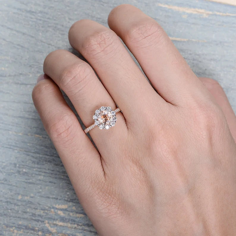 2.50Ct Round Cut Peach Morganite Halo Engagement Ring For Her