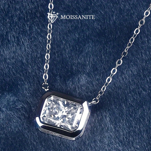 Natural Moissanite 2Ct Emerald Cut Bezel Set Pendant For Women's Solid 14K Gold