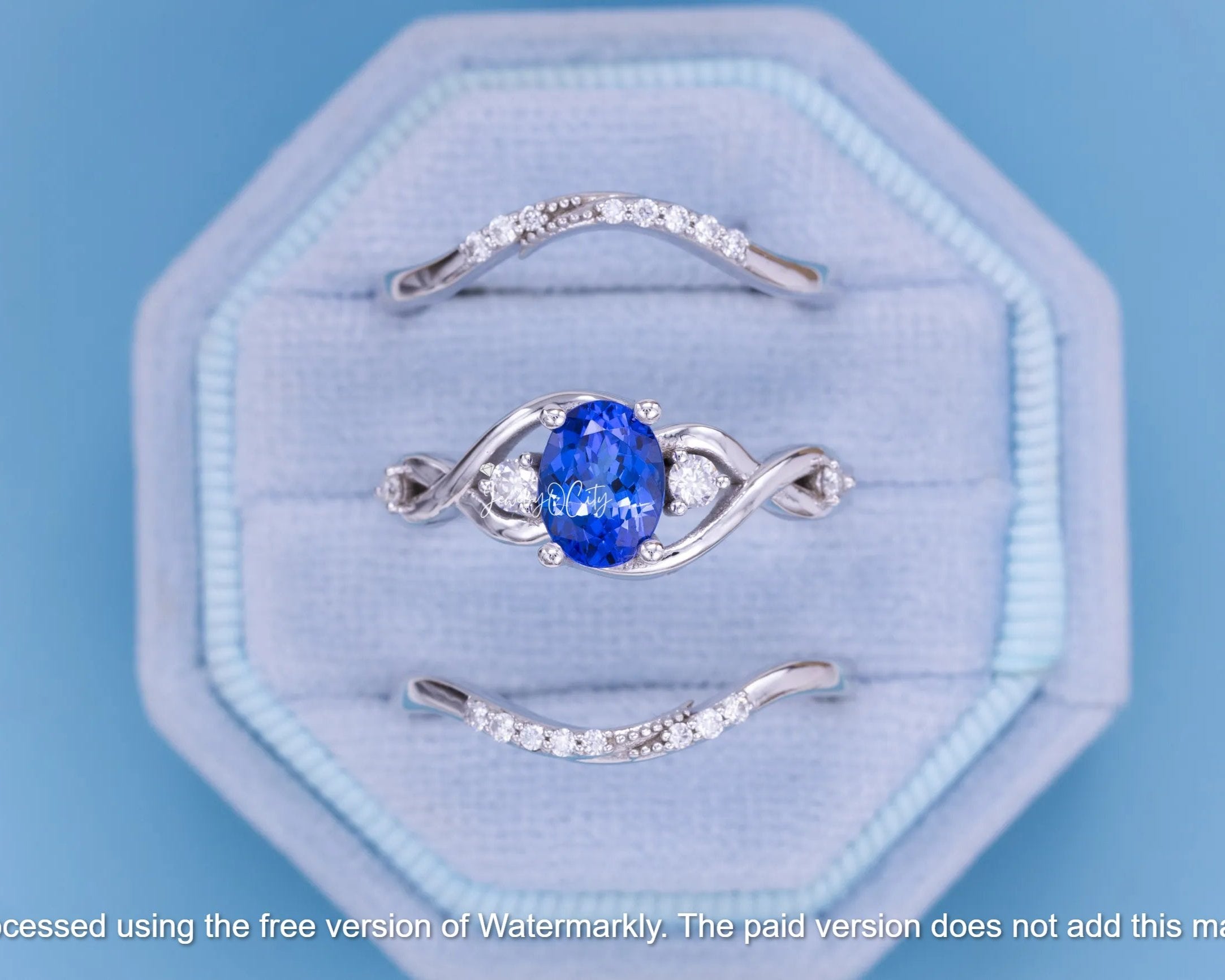 3.50Ct Oval Cut Blue Sapphire & Diamond Three Peace Bridal Ring Set