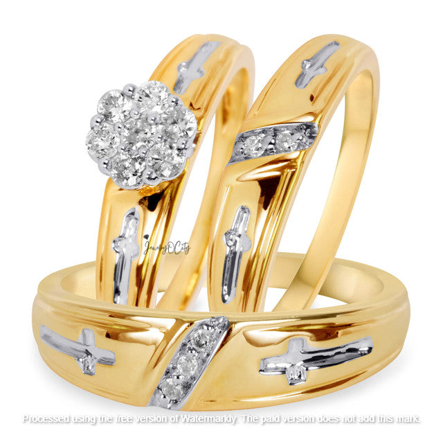 3Ct Round Cut Diamond Cluster Cross Engagement & Wedding Trio Ring Set