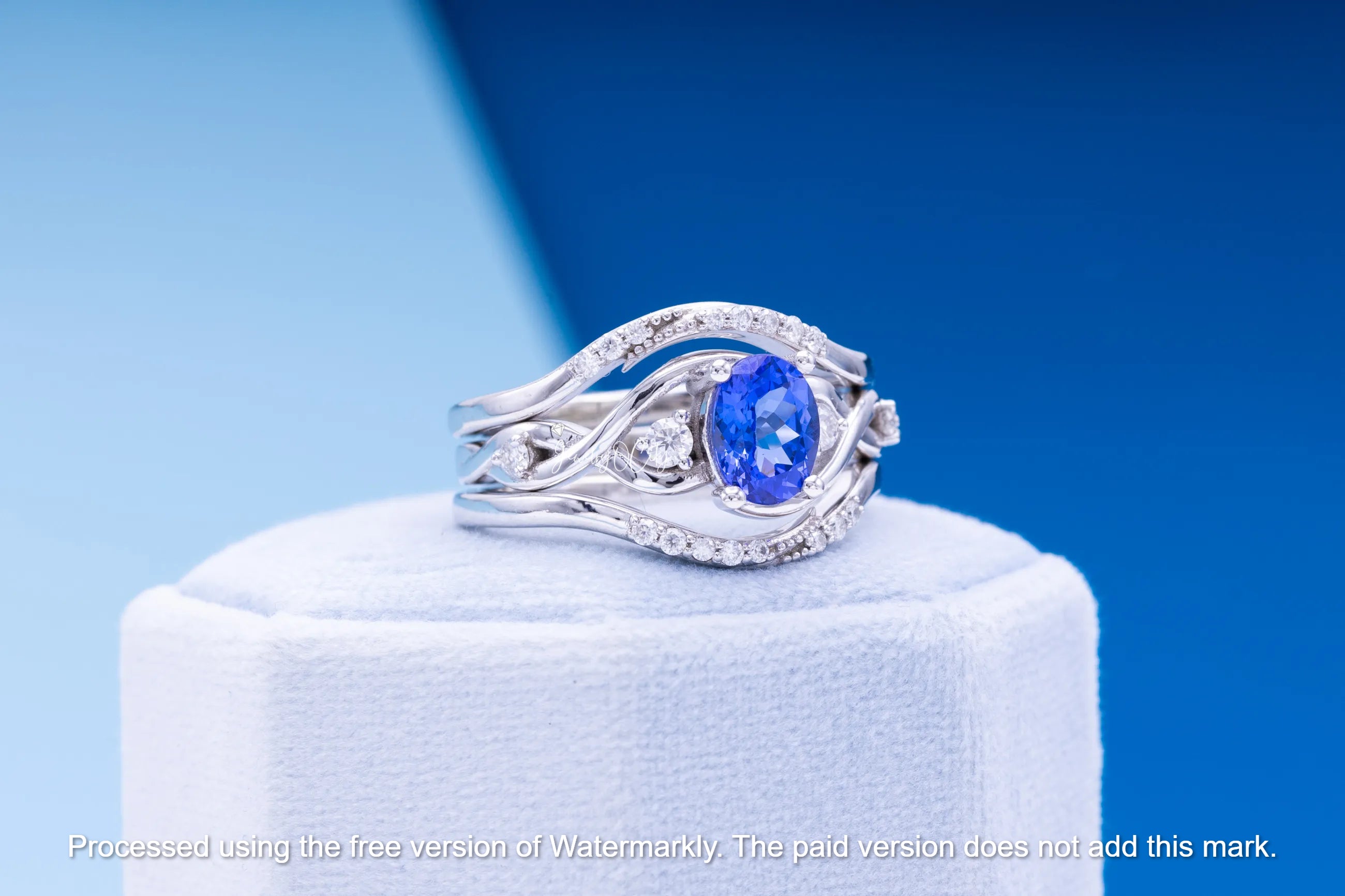 3.50Ct Oval Cut Blue Sapphire & Diamond Three Peace Bridal Ring Set