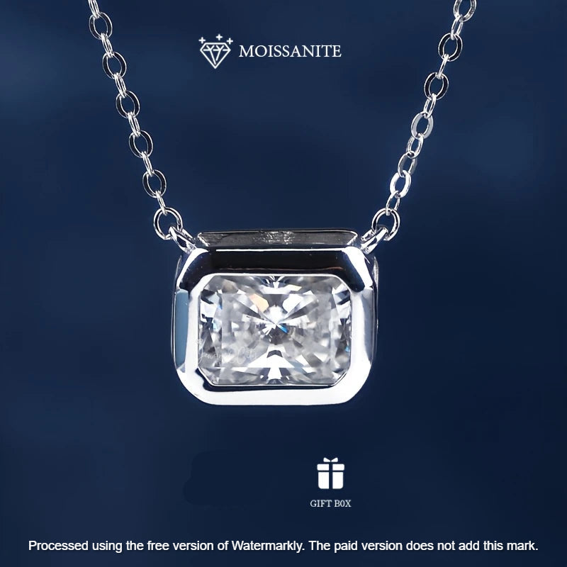 Natural Moissanite 2Ct Emerald Cut Bezel Set Pendant For Women's Solid 14K Gold