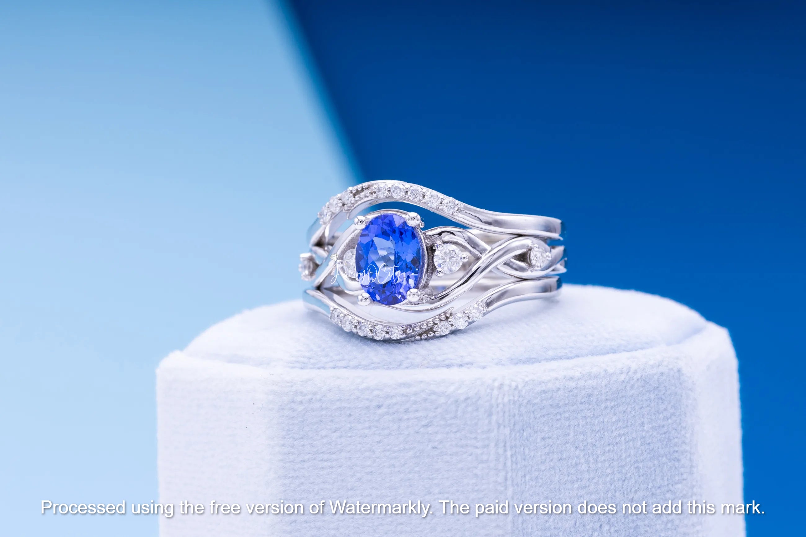 3.50Ct Oval Cut Blue Sapphire & Diamond Three Peace Bridal Ring Set