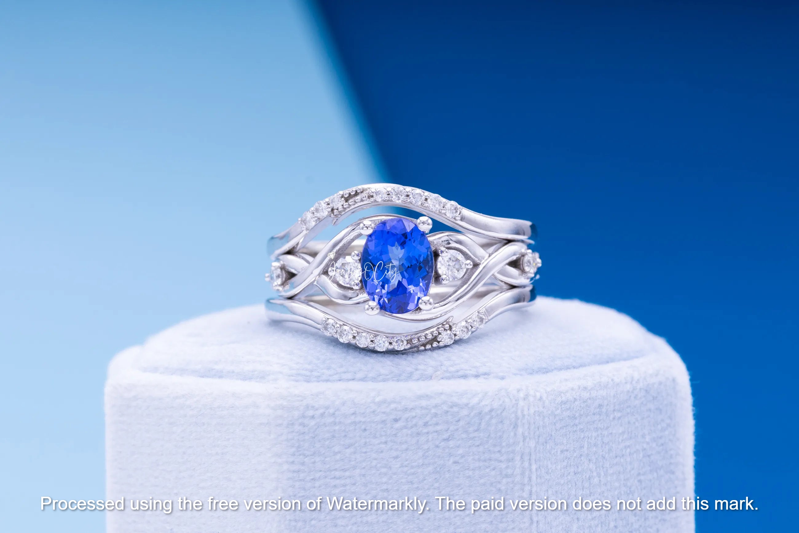 3.50Ct Oval Cut Blue Sapphire & Diamond Three Peace Bridal Ring Set