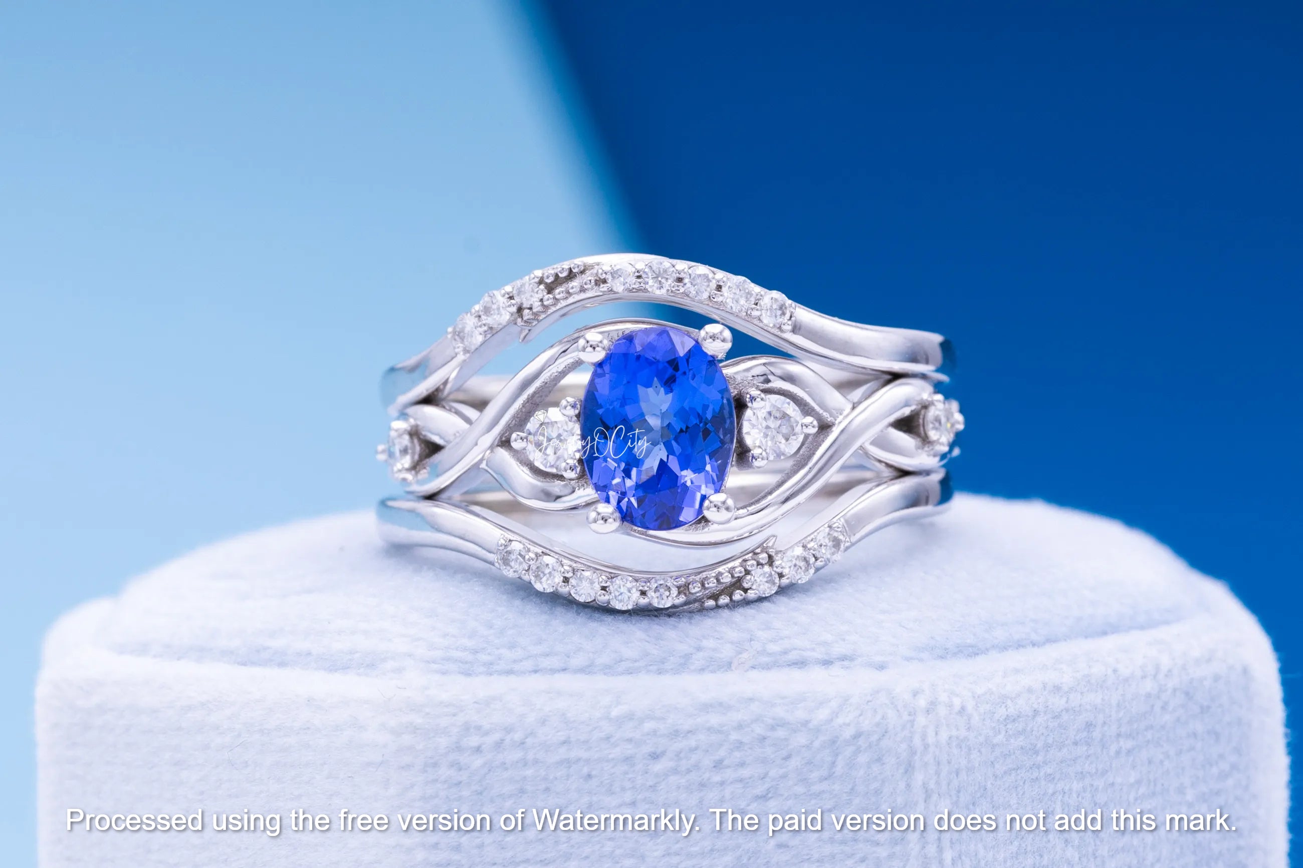 3.50Ct Oval Cut Blue Sapphire & Diamond Three Peace Bridal Ring Set