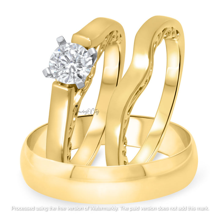0.90Ct Round Cut Diamond Solitaire Wedding Trio Ring Set