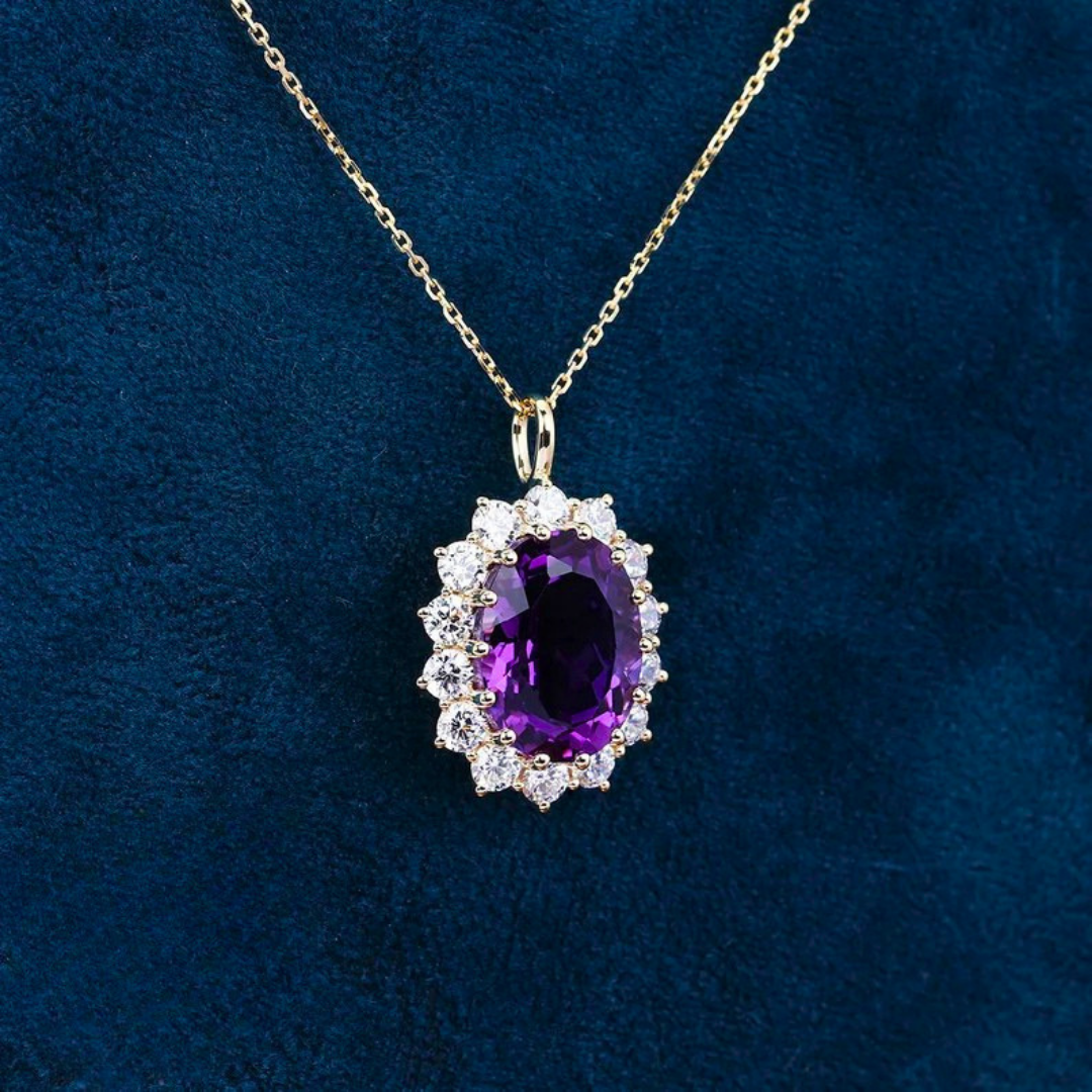 Amethyst gemstone halo pendant close up