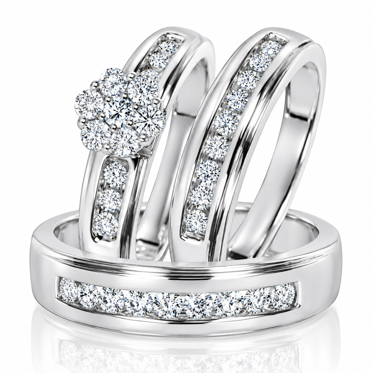 Classic Cluster Moissanite Trio Wedding Ring Set