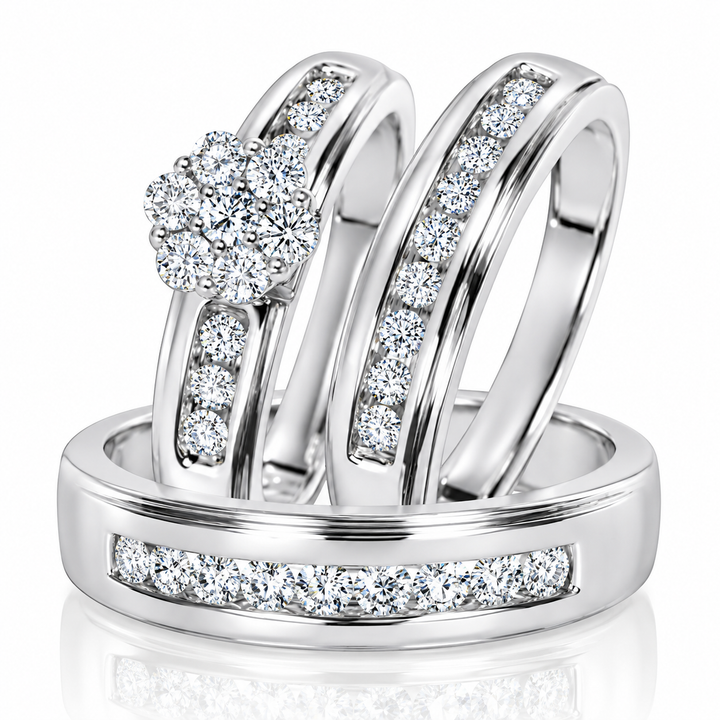 Classic Cluster Moissanite Trio Wedding Ring Set
