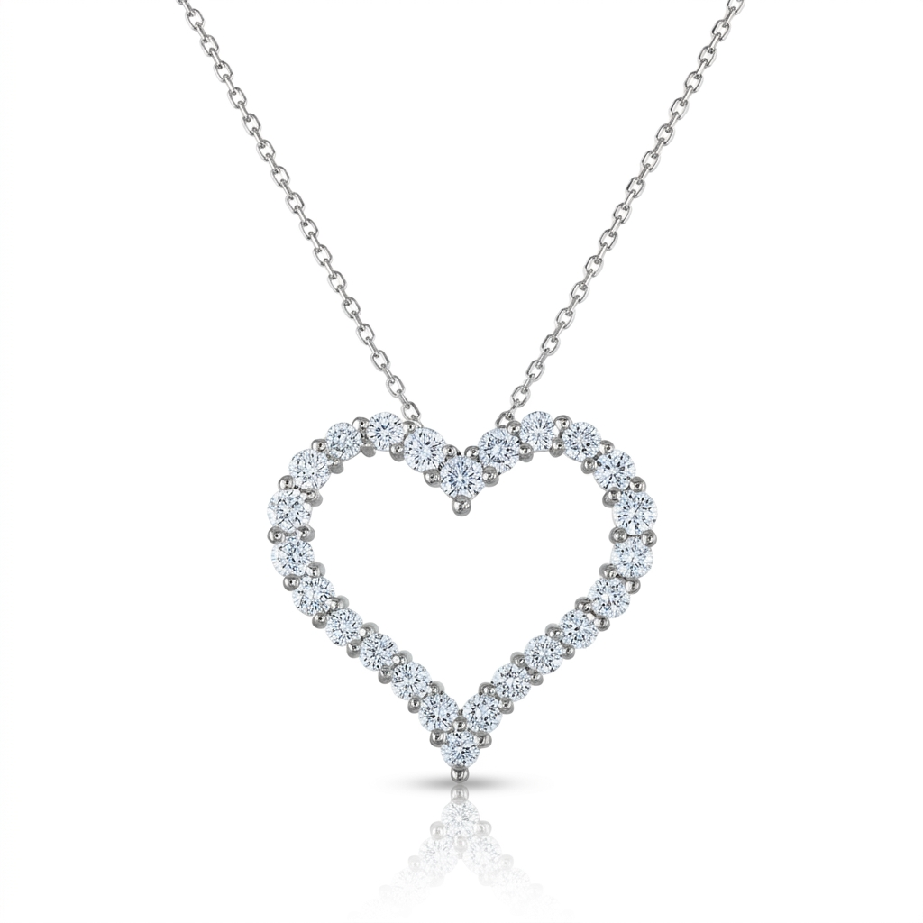 Diamond-encrusted open heart pendant necklace in 14K white gold.