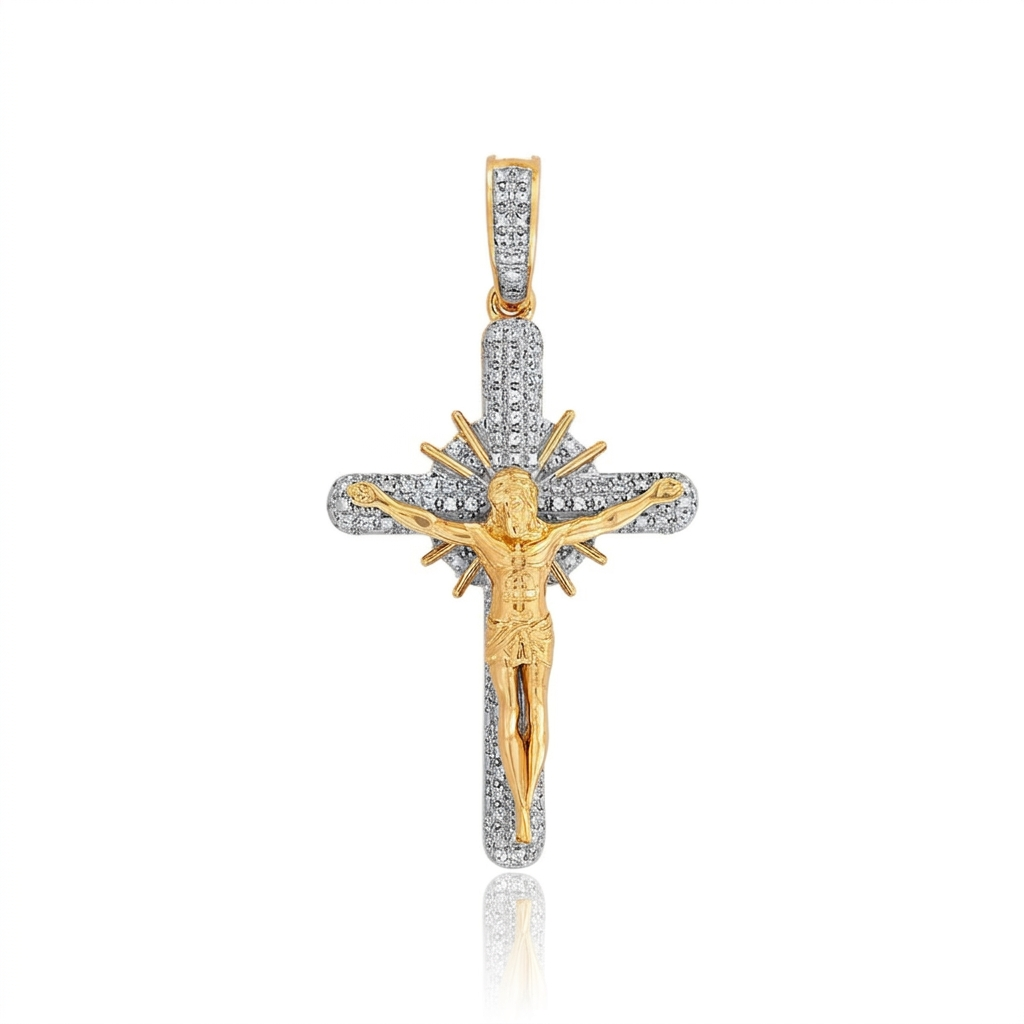 “Divine Grace crucifix diamond radiant sunburst pendant”