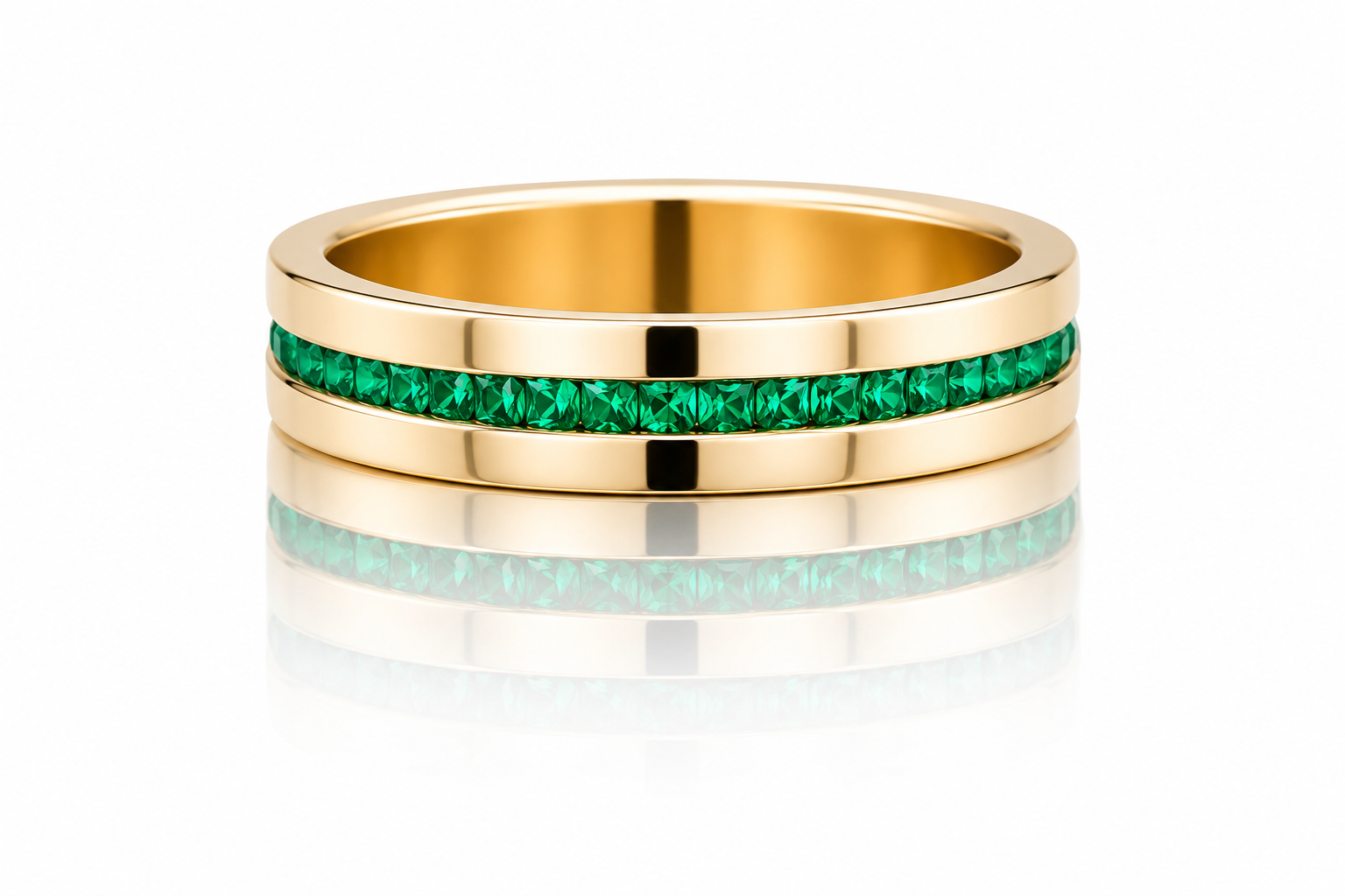 Green emerald invisible setting wedding band unisex