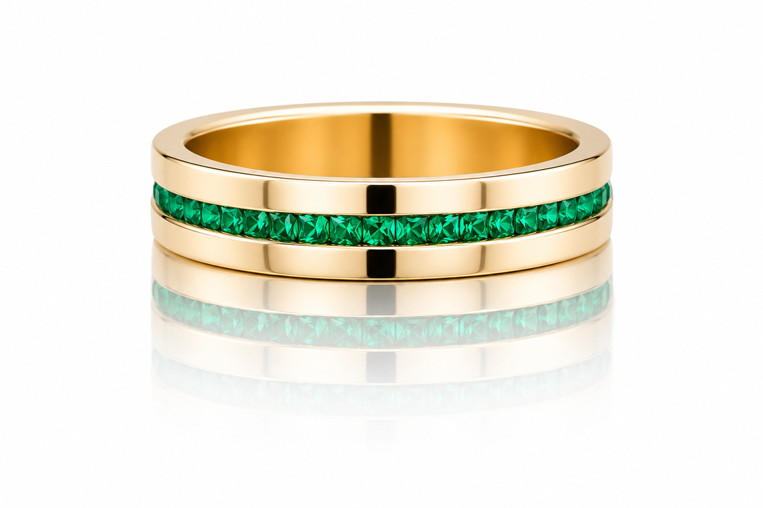 Green emerald invisible setting wedding band unisex
