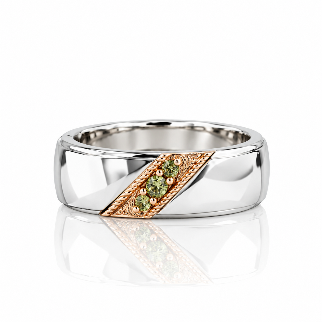 Heavenly Light two-tone peridot accent unisex wedding ring