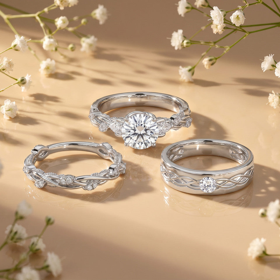 Intertwined diamond wedding ring set